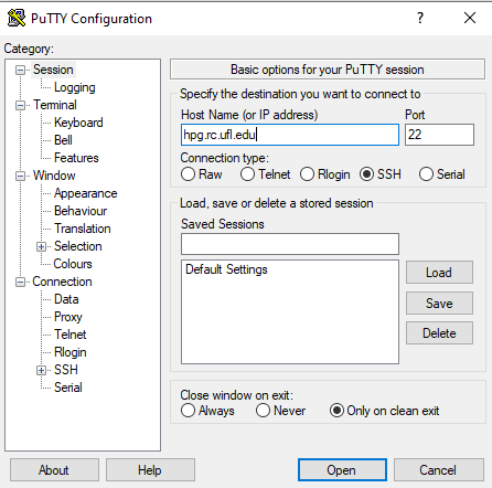 Example Connection to HPG using PuTTY