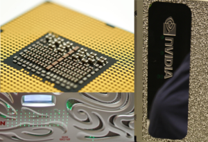 "A composite image showing a CPU, a DDN storage cabinet and an NVIDIA A100 front plate"